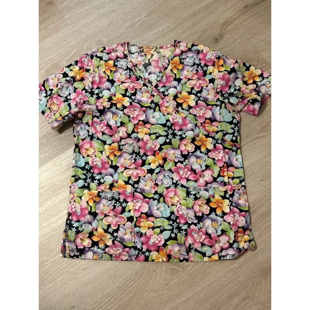 Cherokee Vintage Floral Wrap Style V Neck Scrub Top Sz S/M